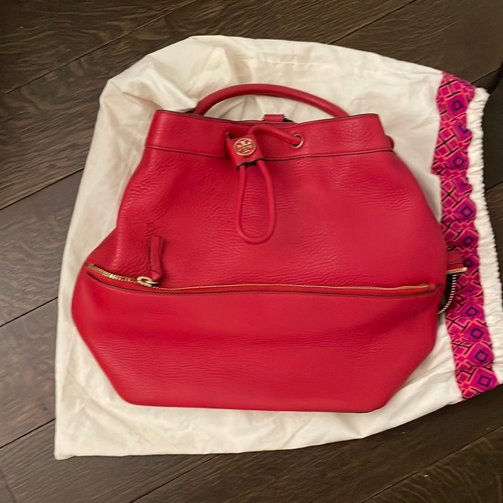 Tory Burch red leather backpack with gold hardware and top handle